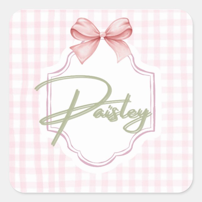Pegatina Cuadrada Pisley Baby Nursery Gingham Personalizado (Anverso)