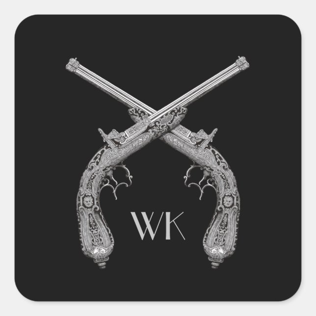 Pegatina Cuadrada Pistolas cruzadas monograma negro (Anverso)