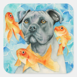 Pegatina Cuadrada Pit Bulldog Fantasy Watercolor
