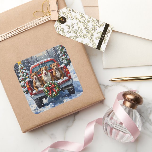 Pegatina Cuadrada Pitbull Christmas Red Truck Holiday (Regalar)