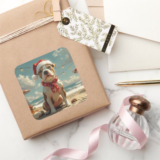 Pegatina Cuadrada Pitbull Dog Navidades Vintage Beach (Regalar)