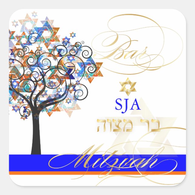 Pegatina Cuadrada PixDezines árbol de la vida+estrellas/Bar Mitzvah (Anverso)