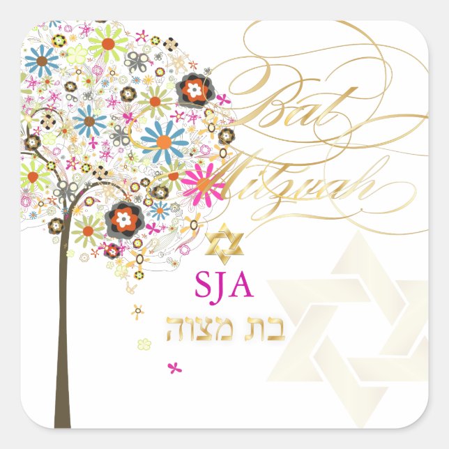 Pegatina Cuadrada PixDezines árbol de la vida/floral/Bat Mitzvah (Anverso)
