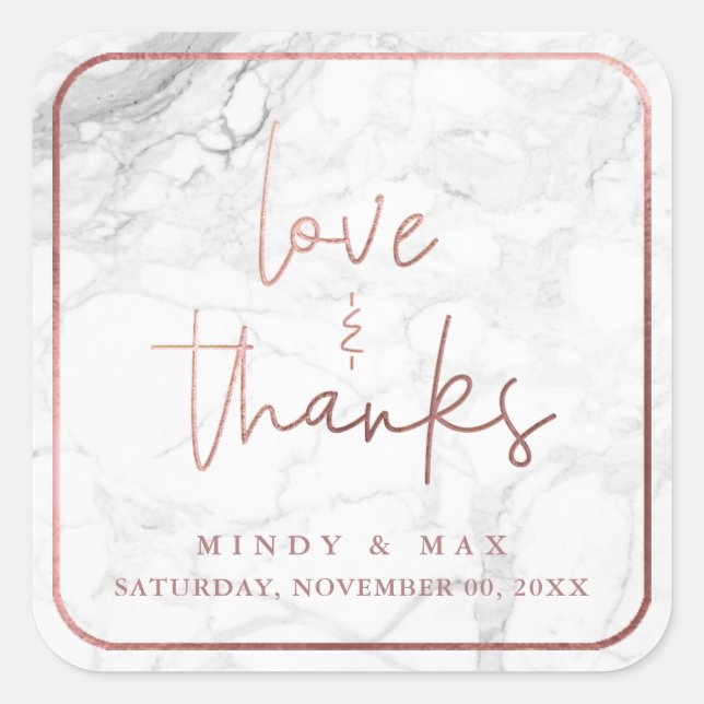 Pegatina Cuadrada PixDezines MÁRMOL FALSO ORO ROSA LOVE+THANKS (Anverso)