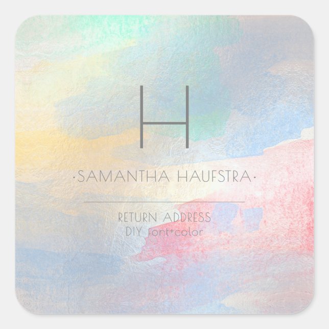 Pegatina Cuadrada PixDezines Monograma Iridescente Acuarela Cepillad (Anverso)