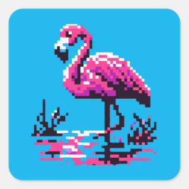 Pegatina Cuadrada Pixel Flamingo - Ave Tropical De Arte Retro Vibran
