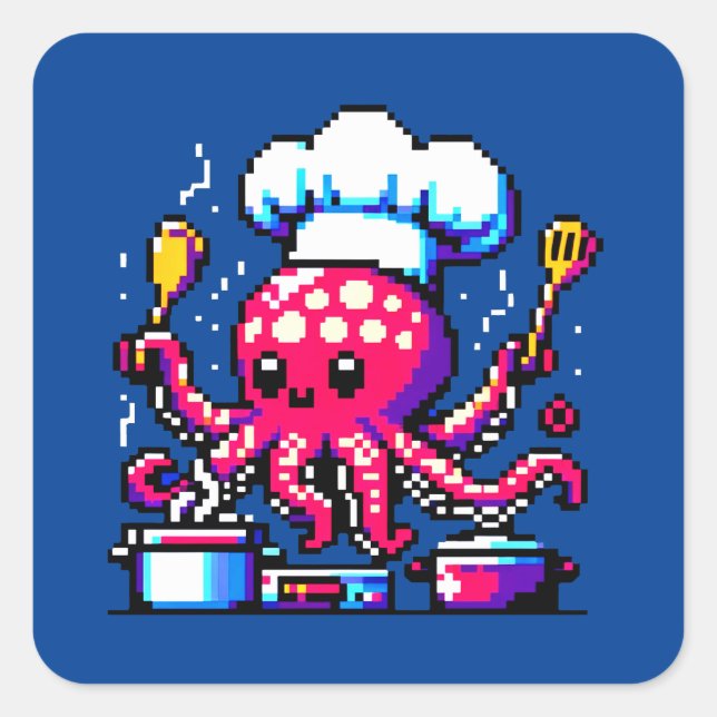 Pegatina Cuadrada Pixel Octopus Chef Funny Cooking y Seafood Design (Anverso)
