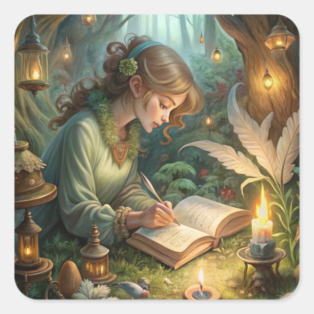 Pegatina Cuadrada Pixie Girl Writing (Anverso)