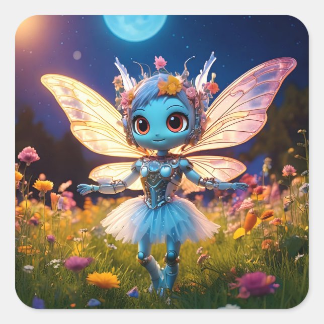 Pegatina Cuadrada Pixie Robot Ballerina bailando en flores silvestre (Anverso)