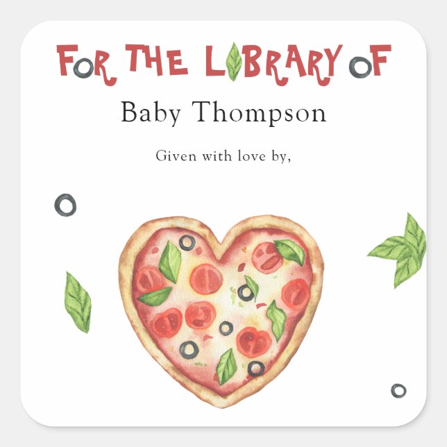 Pegatina Cuadrada Pizza Baby Shower bookplate - para la biblioteca d (Anverso)