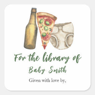 Pegatina Cuadrada Pizza, brews y Diapers también - para la bibliotec