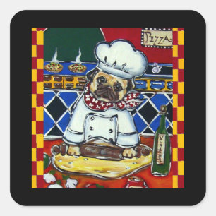 Pegatina Cuadrada Pizza Chef Pug