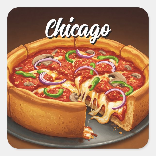Pegatina Cuadrada Pizza Deep Dish de Chicago (Anverso)