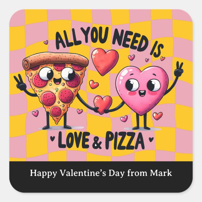 Pegatina Cuadrada Pizza Love Valentines Day School Favor (Anverso)