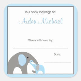 Pegatina Cuadrada Placa de Baby Shower para libros de elefantes azul