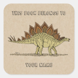 Pegatina Cuadrada Placa de biblioteca de estegosaurios de dinosaurio