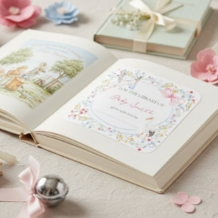 Pegatina Cuadrada Placa de libro para baby shower con arco de rosa h