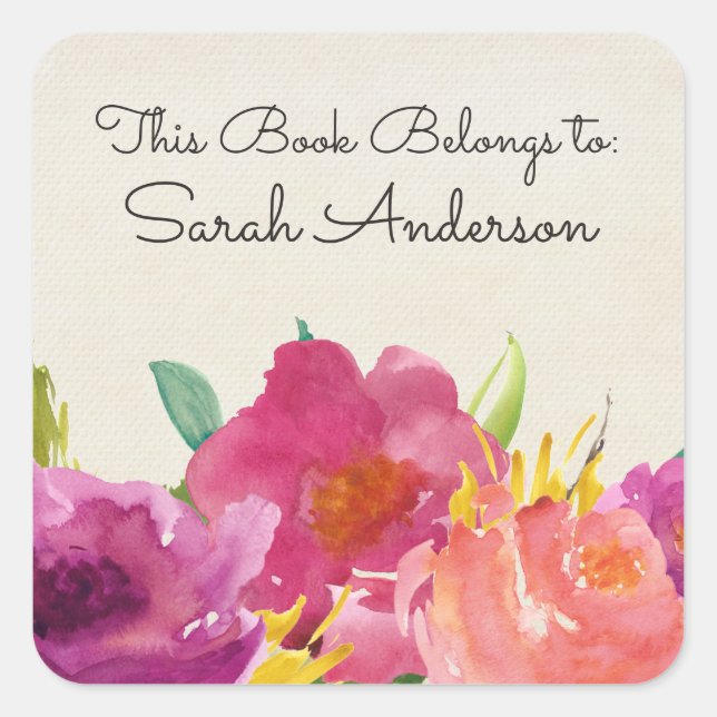 Pegatina Cuadrada Placa de libros acuarelas florales para este libro (Anverso)