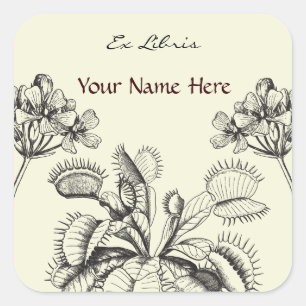 Pegatina Cuadrada Placa de libros florales de la planta de Carnivoru