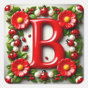 Pegatina Cuadrada 🐞 Placa de Nombre con Letras Rojas Mariquitas Ama
