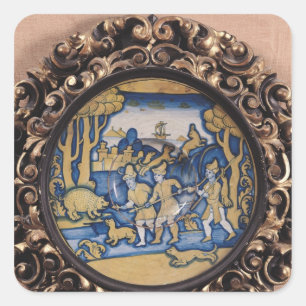 Pegatina Cuadrada Placa decorada con una escena de caza