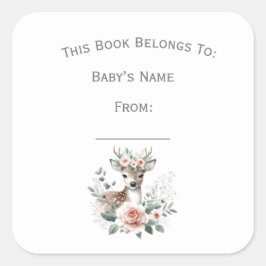 Pegatina Cuadrada Placa para libros de animales de ciervos florales
