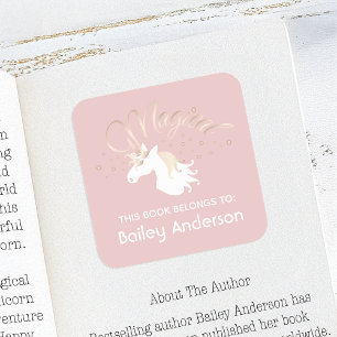 Pegatina Cuadrada Placa para Libros de Niños Unicornio Rosa