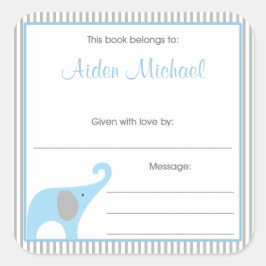 Pegatina Cuadrada Placa para libros de Pinstripe de Elefante Azul y