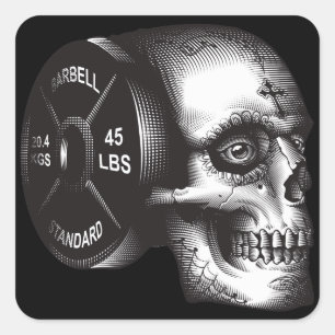 Pegatina Cuadrada Placa y cráneo de Barbell - Motivación del gimnasi