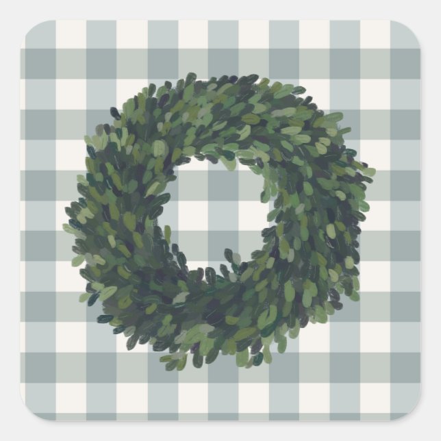 Pegatina Cuadrada Plaid Boxwood Wreath Farmhouse Gingham Stylish (Anverso)