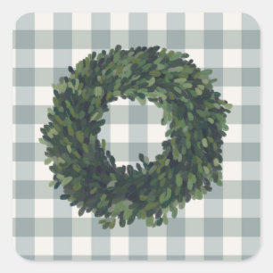 Pegatina Cuadrada Plaid Boxwood Wreath Farmhouse Gingham Stylish
