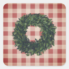 Pegatina Cuadrada Plaid Boxwood Wreath Farmhouse Gingham Stylish