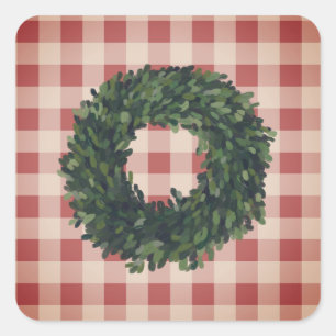 Pegatina Cuadrada Plaid Boxwood Wreath Farmhouse Gingham Stylish
