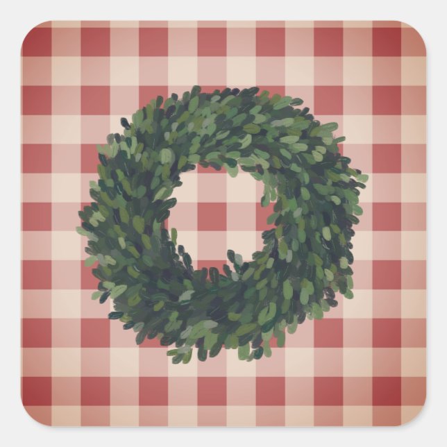 Pegatina Cuadrada Plaid Boxwood Wreath Farmhouse Gingham Stylish (Anverso)