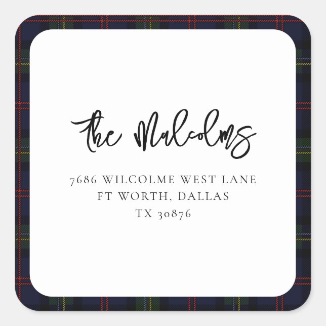 Pegatina Cuadrada Plaid Clásico Rústico de Tartán con Dirección de D (Anverso)