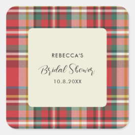 Pegatina Cuadrada Plaid Elegant Rustic Script Bridal Shower