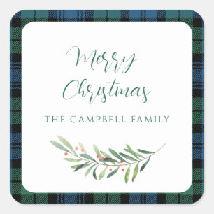 Pegatina Cuadrada Plaid Green Navidades Holiday Tartán