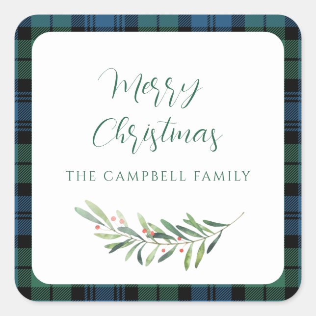 Pegatina Cuadrada Plaid Green Navidades Holiday Tartán (Anverso)