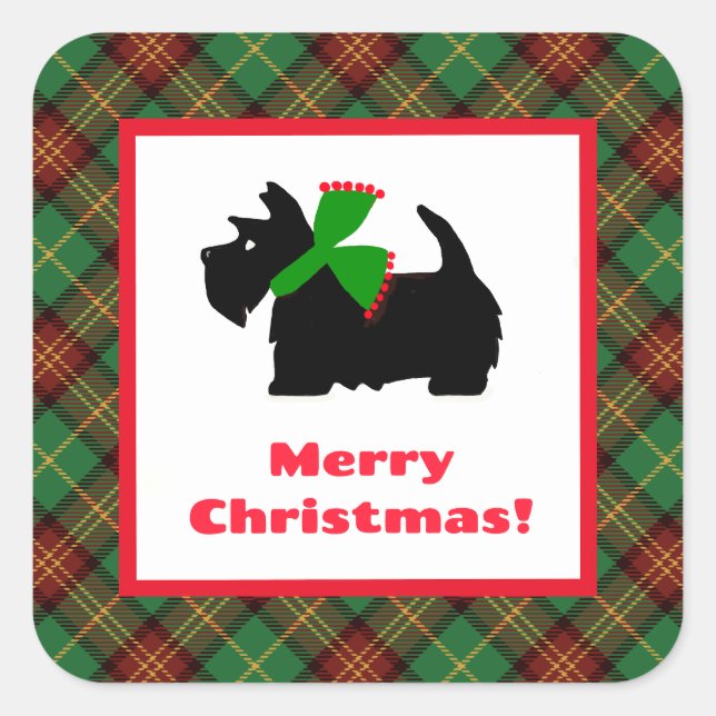 Pegatina Cuadrada Plaid Scotty Dog Merry Christmas Gift Ideas (Anverso)