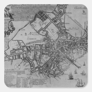 Pegatina Cuadrada Plan de Boston, Nueva Inglaterra, 1739