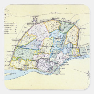 Pegatina Cuadrada Plan de Delhi 1857-58, grabado por Guyot y