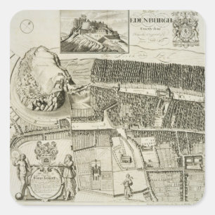 Pegatina Cuadrada Plan de Edimburgo, pub. por John Smith (c.1652-174