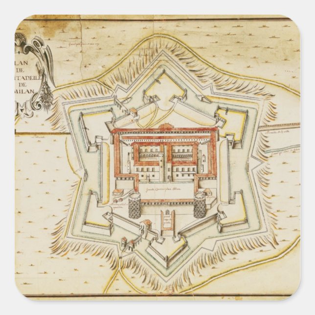 Pegatina Cuadrada Plan de la ciudadela de Milan (Anverso)