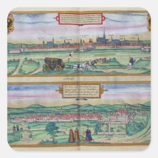 Pegatina Cuadrada Plan de Viena y Buda, de 'Civitates Orbi (Anverso)