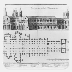 Pegatina Cuadrada Plan y elevación de la abadía de Cluny