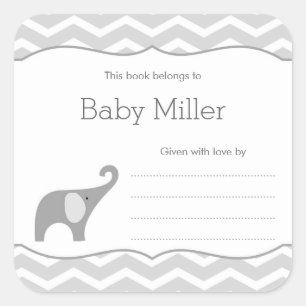 Pegatina Cuadrada Plancha Baby Shower para elefantes grises, neutra