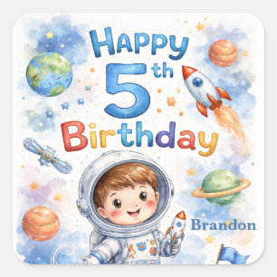 Pegatina Cuadrada Planeta Espacio Cumpleaños Barco Cohete Niño Estre