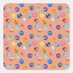 Pegatina Cuadrada Planetas en patrón de dibujo de acuarela - naranja