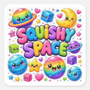 Pegatina Cuadrada Planetas Estrellas Cósmicos Kawaii Coloridos Espac