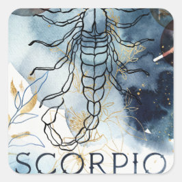 Pegatina Cuadrada Planetas florales de signos de zodiaco de escorpio